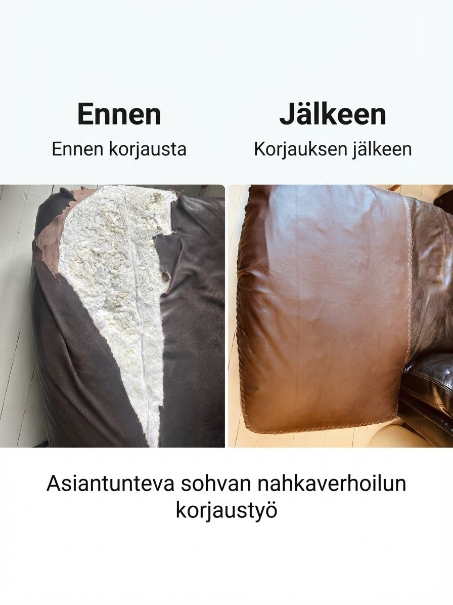 Nahkasohvan korjaus ennen - vaurioitunut kohta N&T Ompelimo